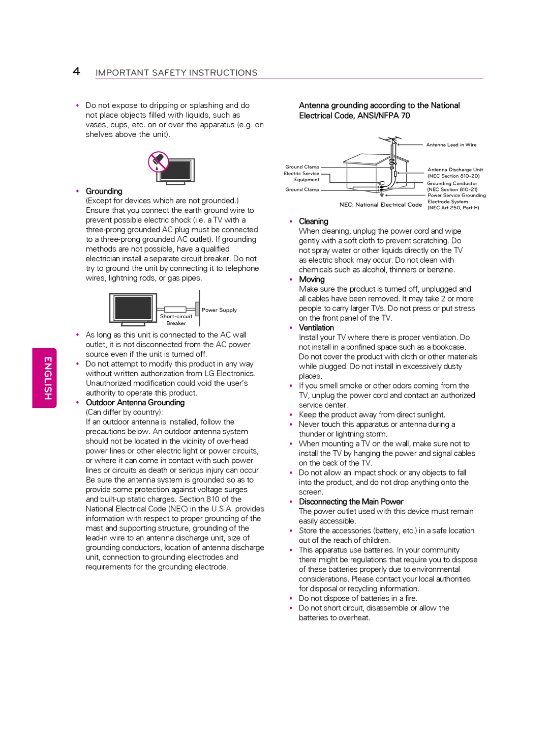 LG Electronics 60LB6300 YyOutdoor Antenna Grounding, YyCleaning, YyMoving, YyVentilation, YyDisconnecting the Main Power 