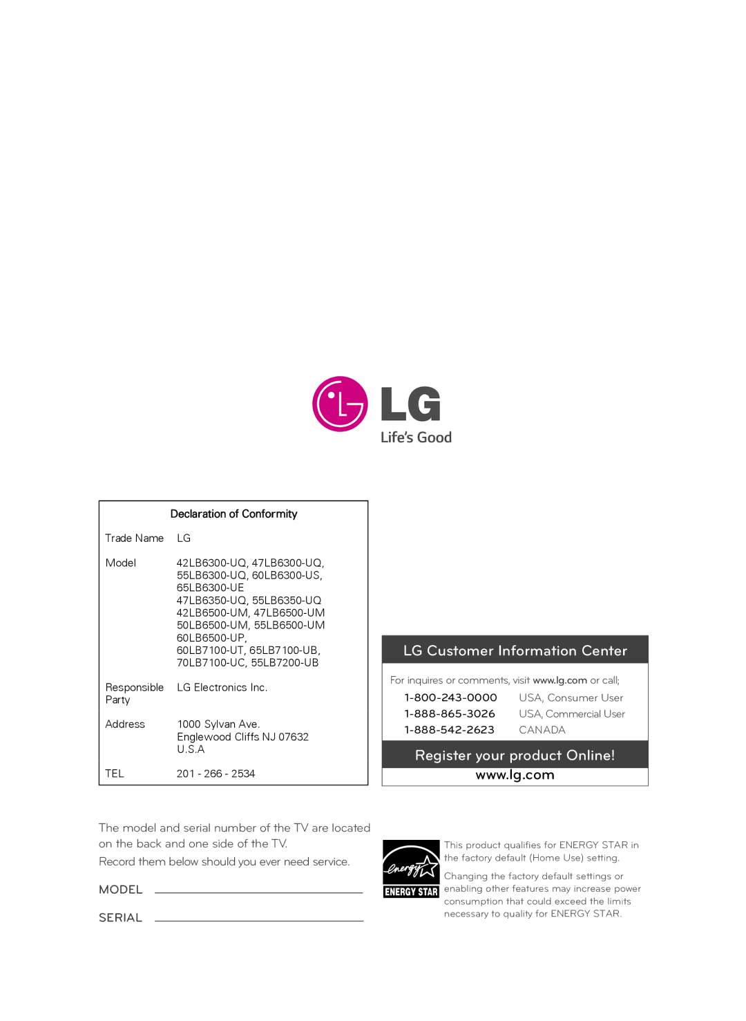 LG Electronics 60LB6300, 47LB6300, 42LB6300, 55LB6300 owner manual Register your product Online, Declaration of Conformity 