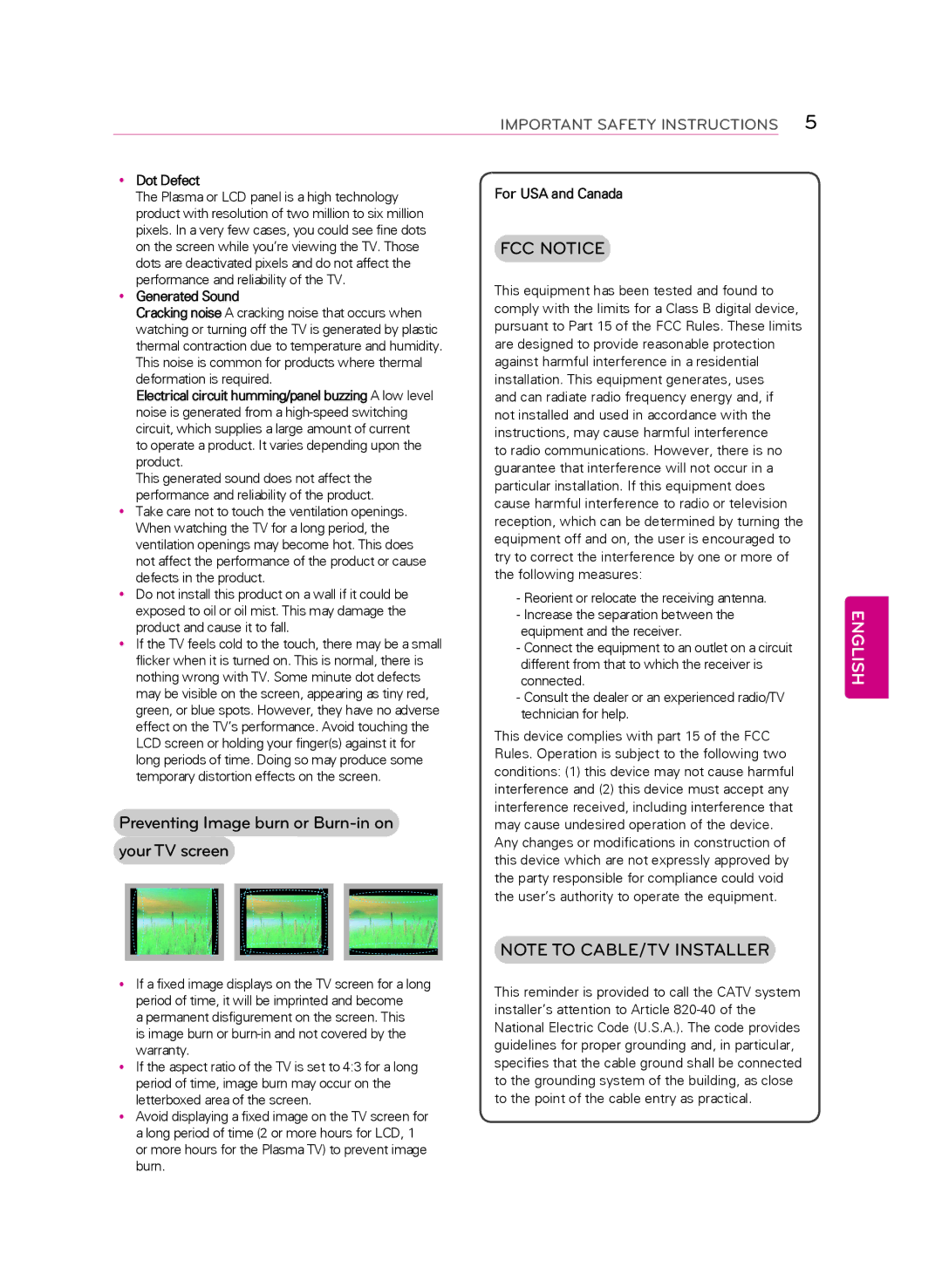 LG Electronics 47LB6300, 60LB6300 Preventing Image burn or Burn-in on your TV screen, YyDot Defect, YyGenerated Sound 