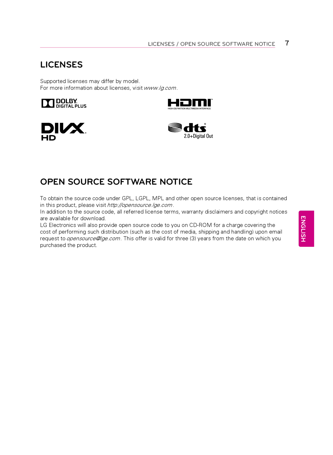 LG Electronics 55LB6300, 60LB6300, 47LB6300, 42LB6300 owner manual Licenses, Open Source Software Notice 