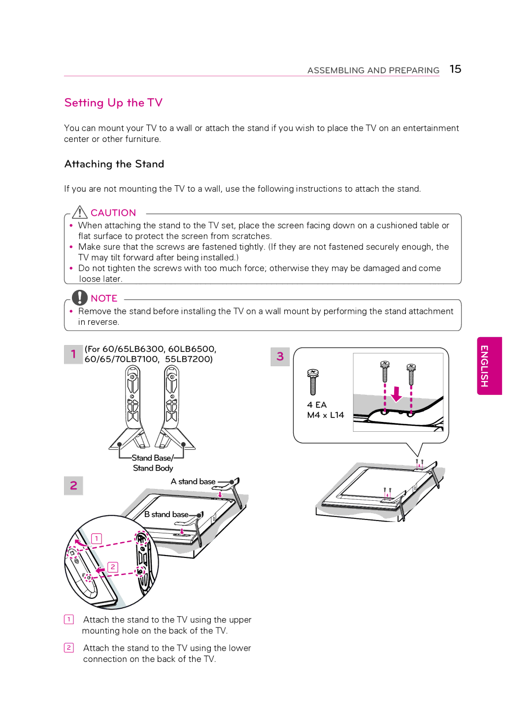 LG Electronics 60LB7100, 55LB7200, 70LB7100 owner manual Setting Up the TV, Attaching the Stand 