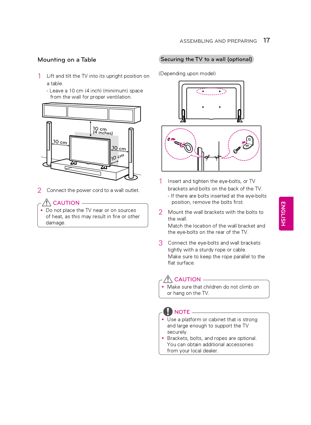 LG Electronics 70LB7100, 60LB7100, 55LB7200 owner manual Mounting on a Table, Securing the TV to a wall optional 