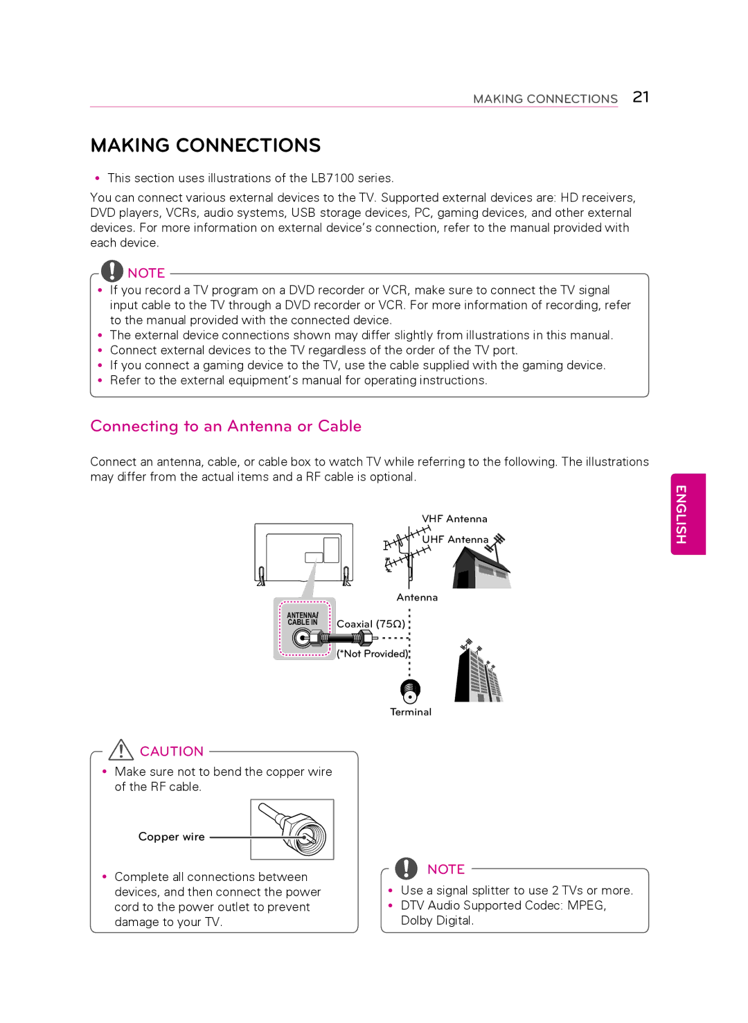 LG Electronics 60LB7100, 55LB7200, 70LB7100 owner manual Making Connections, Connecting to an Antenna or Cable, Coax ial 75Ω 