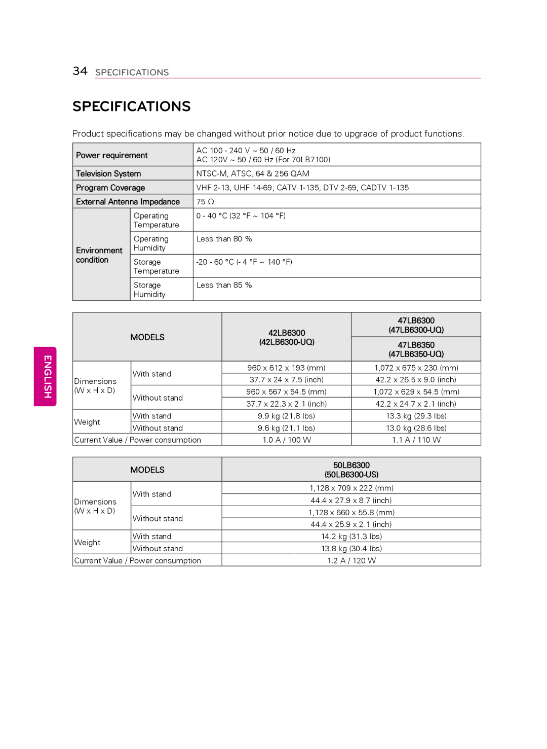 LG Electronics 55LB7200, 60LB7100, 70LB7100 owner manual Specifications 