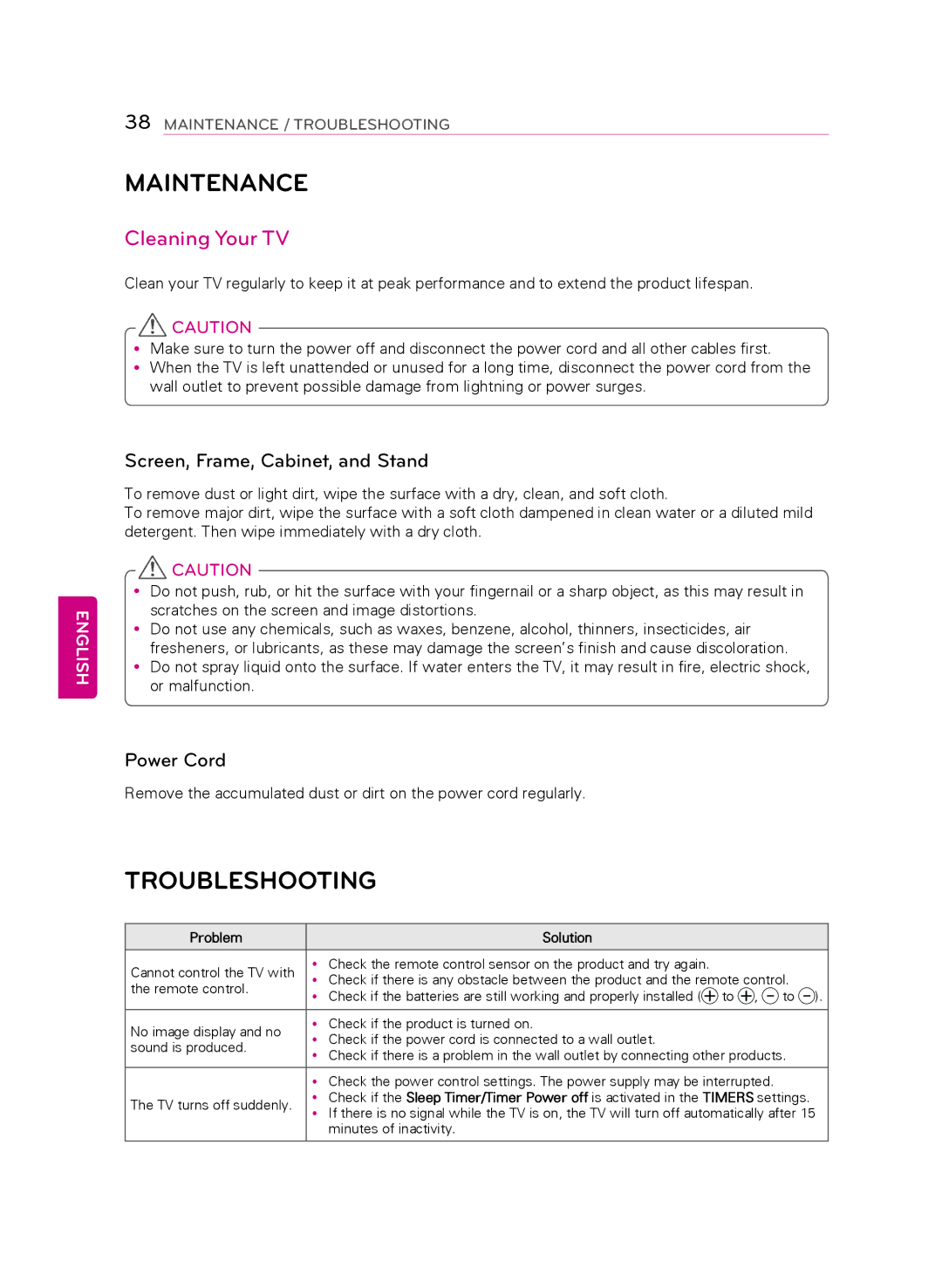 LG Electronics 70LB7100 Maintenance, Troubleshooting, Cleaning Your TV, Screen, Frame, Cabinet, and Stand, Power Cord 