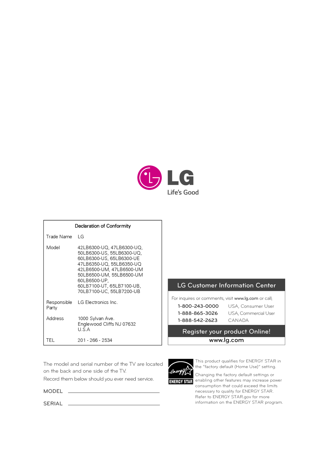 LG Electronics 55LB7200, 60LB7100, 70LB7100 owner manual Register your product Online, Declaration of Conformity 