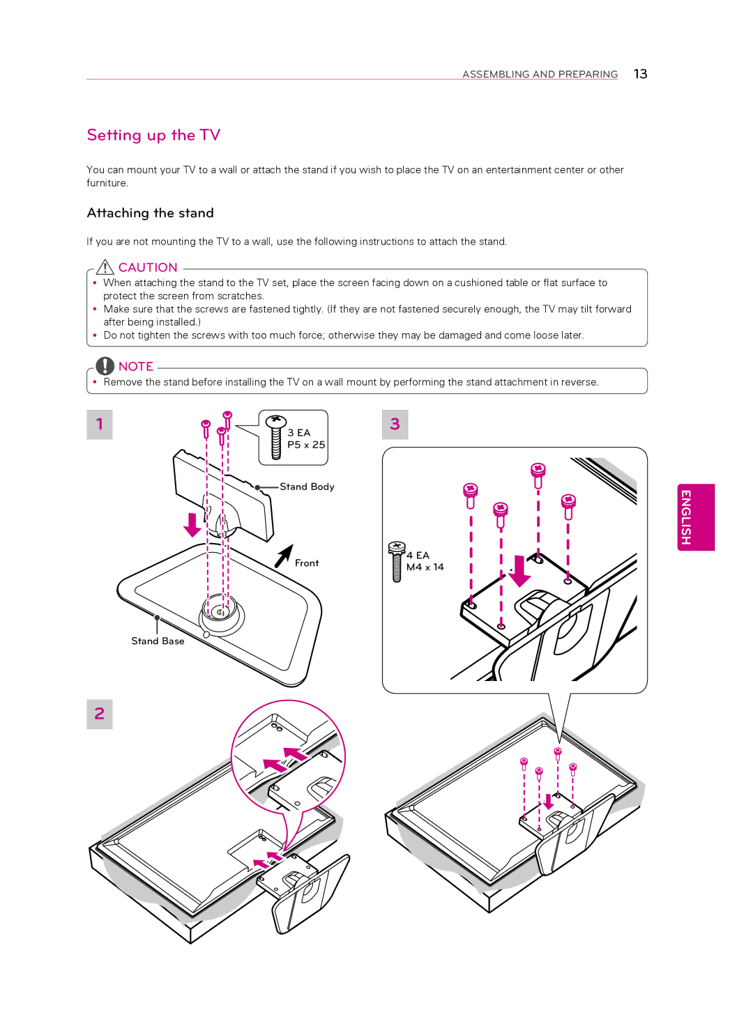 LG Electronics 60LN5400 owner manual Setting up the TV, Attaching the stand 