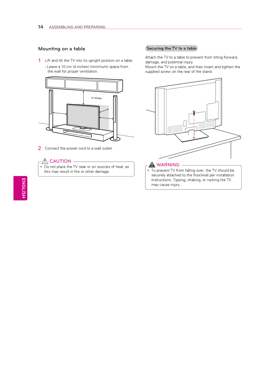 LG Electronics 60LN5400 owner manual Mounting on a table, Securing the TV to a table 