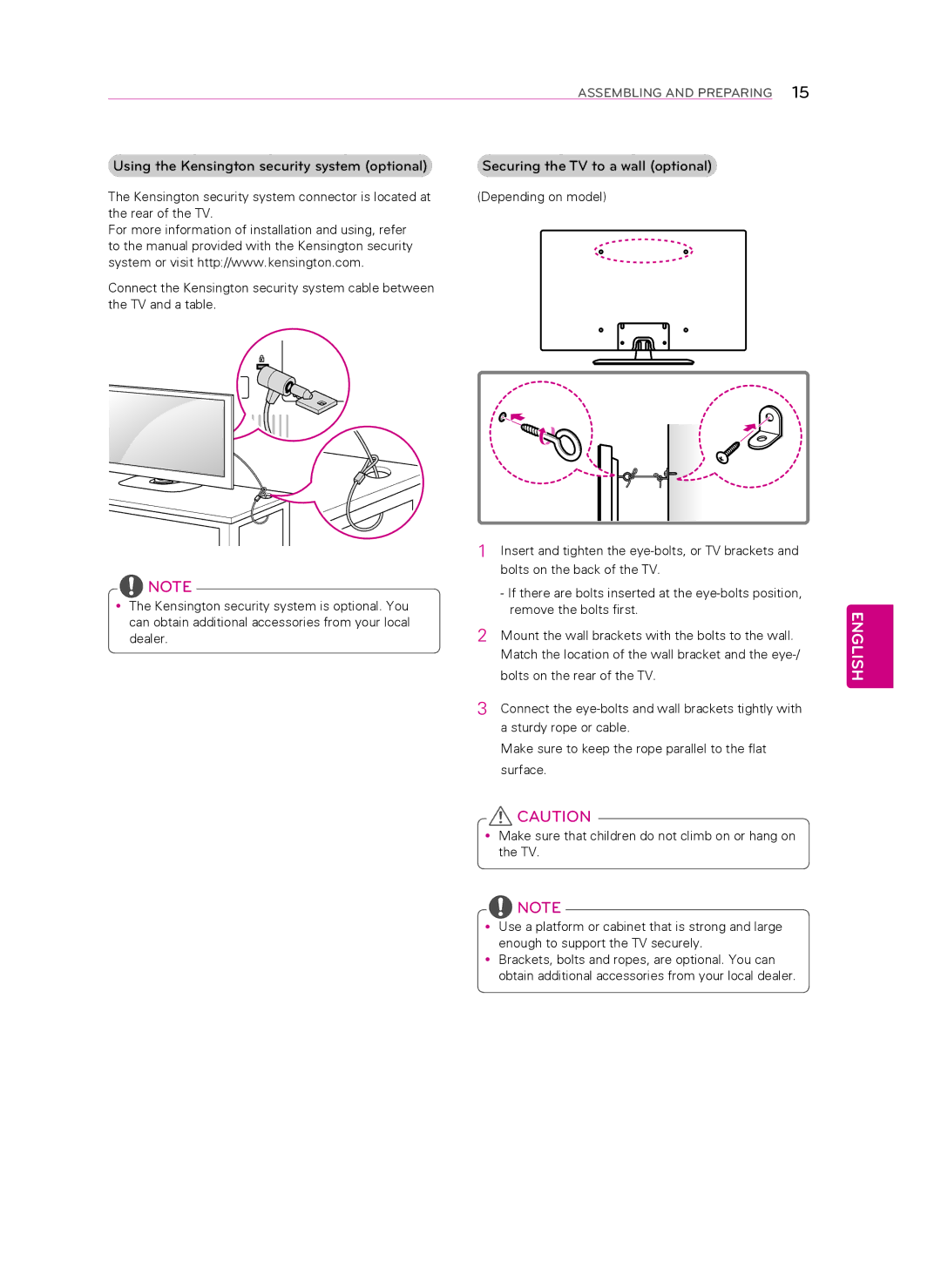 LG Electronics 60LN5400 owner manual Insert and tighten the eye-bolts, or TV brackets 