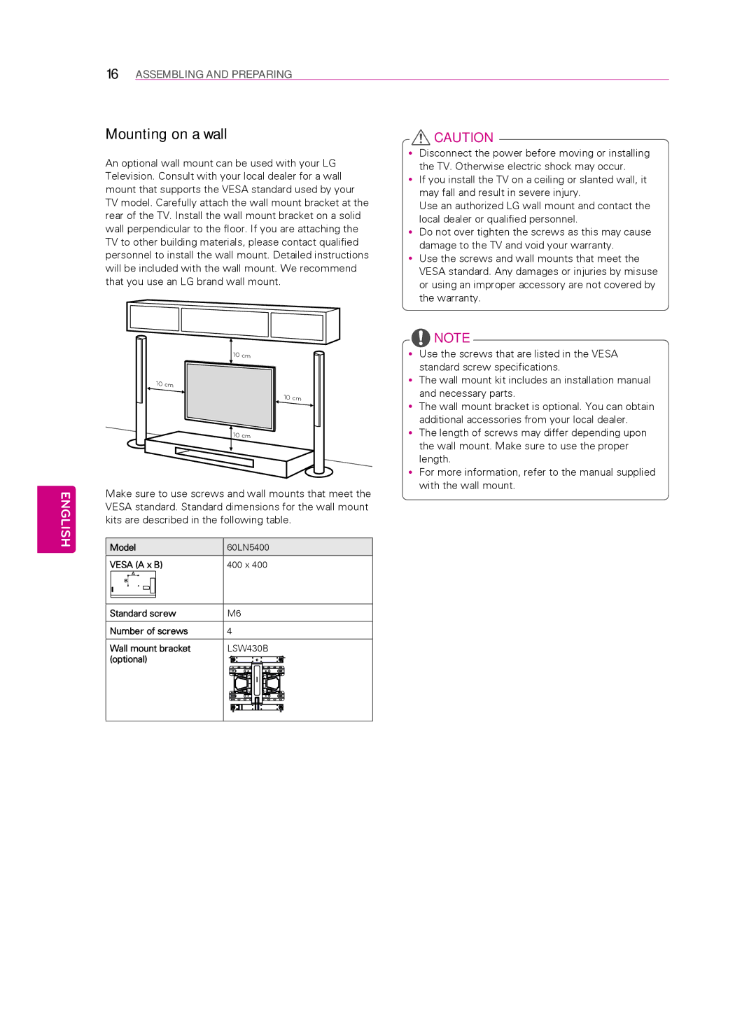 LG Electronics 60LN5400 owner manual Mounting on a wall, Optional 