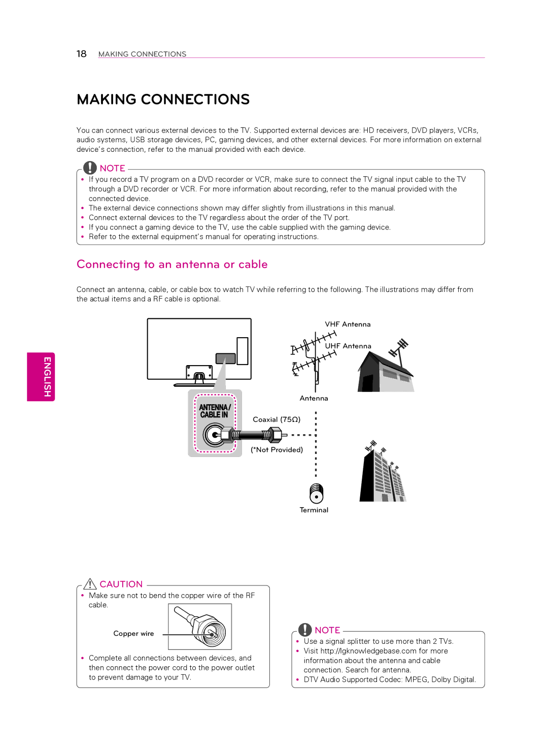 LG Electronics 60LN5400 owner manual Making Connections, Connecting to an antenna or cable 