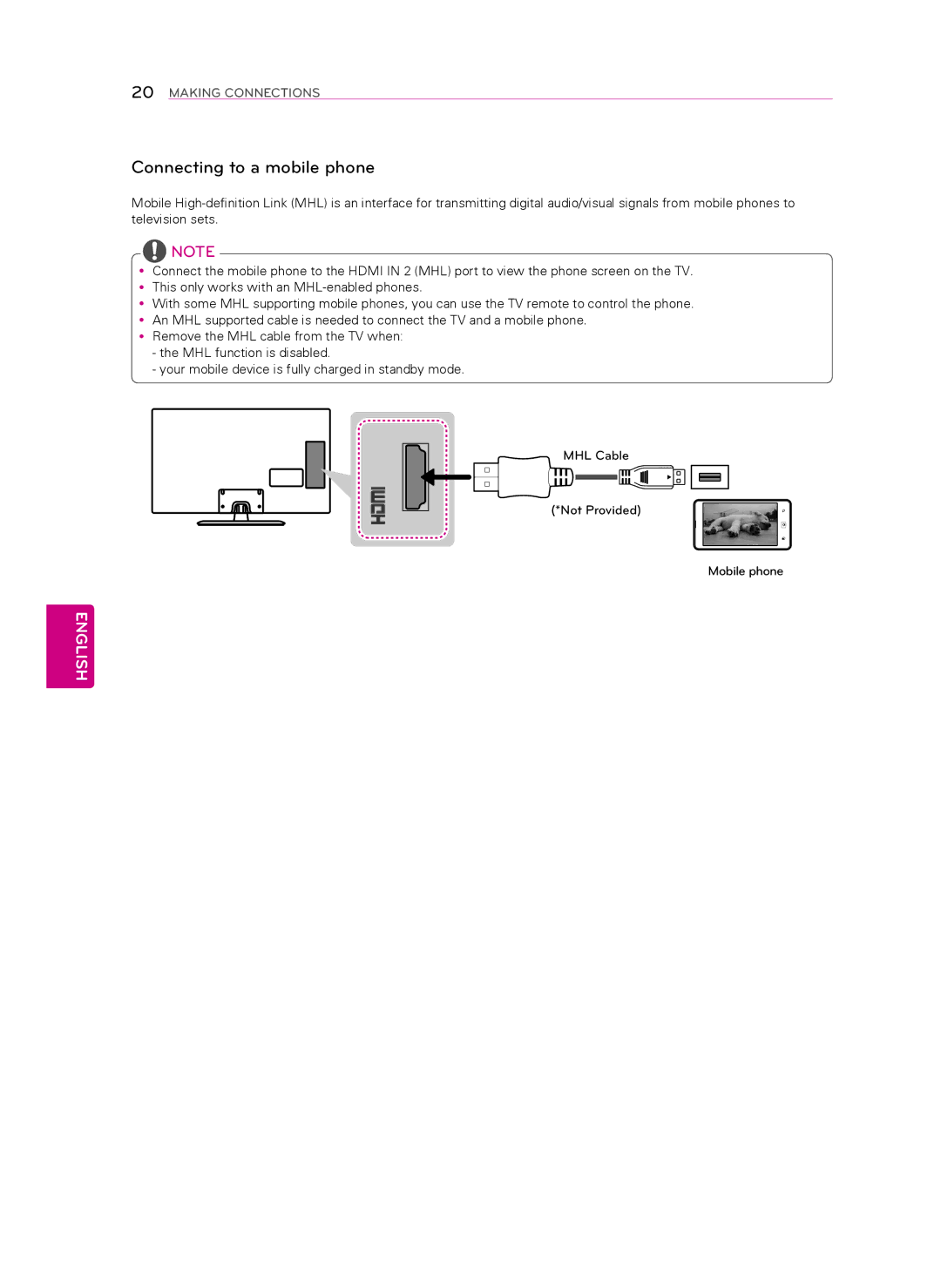 LG Electronics 60LN5400 owner manual Connecting to a mobile phone 