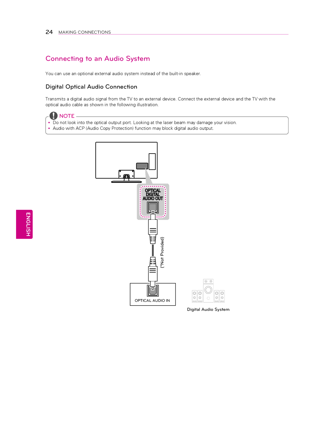 LG Electronics 60LN5400 owner manual Connecting to an Audio System, Digital Optical Audio Connection 