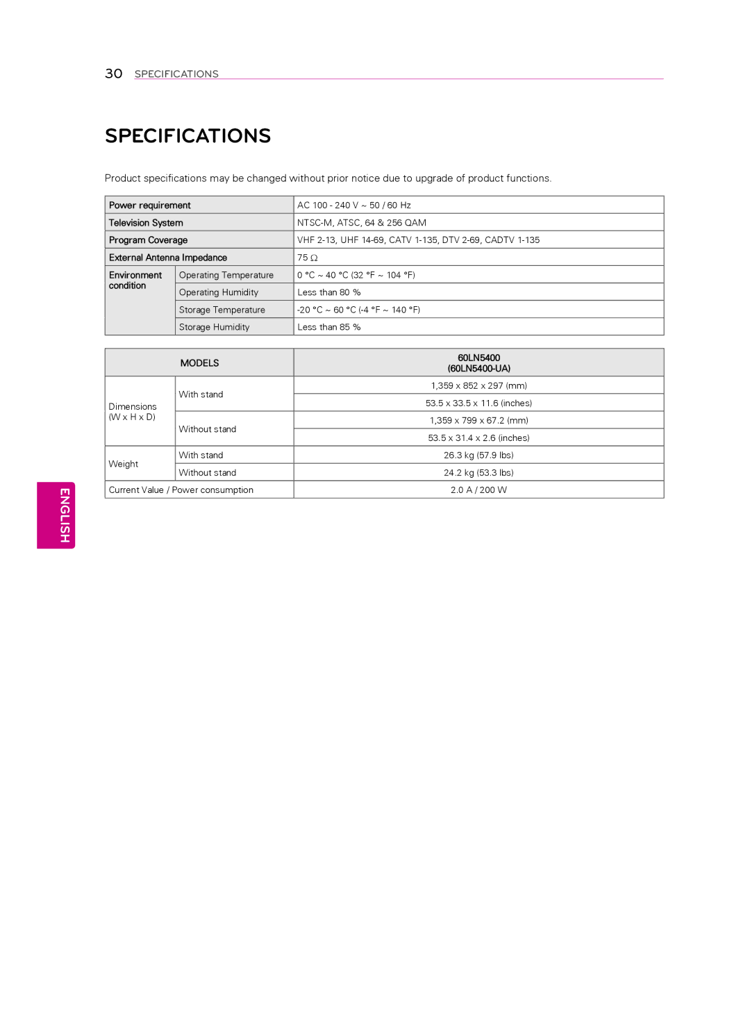 LG Electronics 60LN5400 owner manual Specifications 