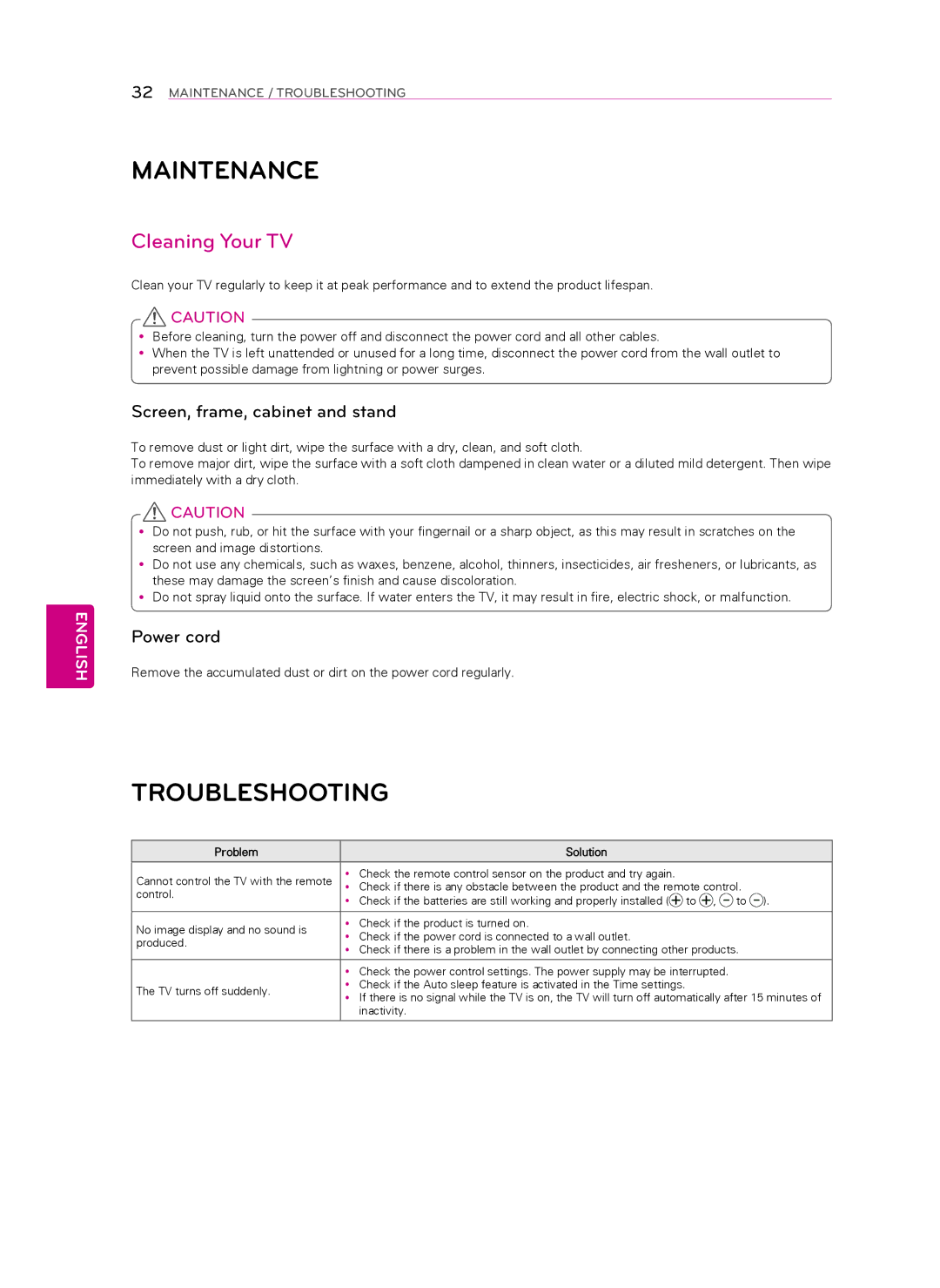 LG Electronics 60LN5400 Maintenance, Troubleshooting, Cleaning Your TV, Screen, frame, cabinet and stand, Power cord 