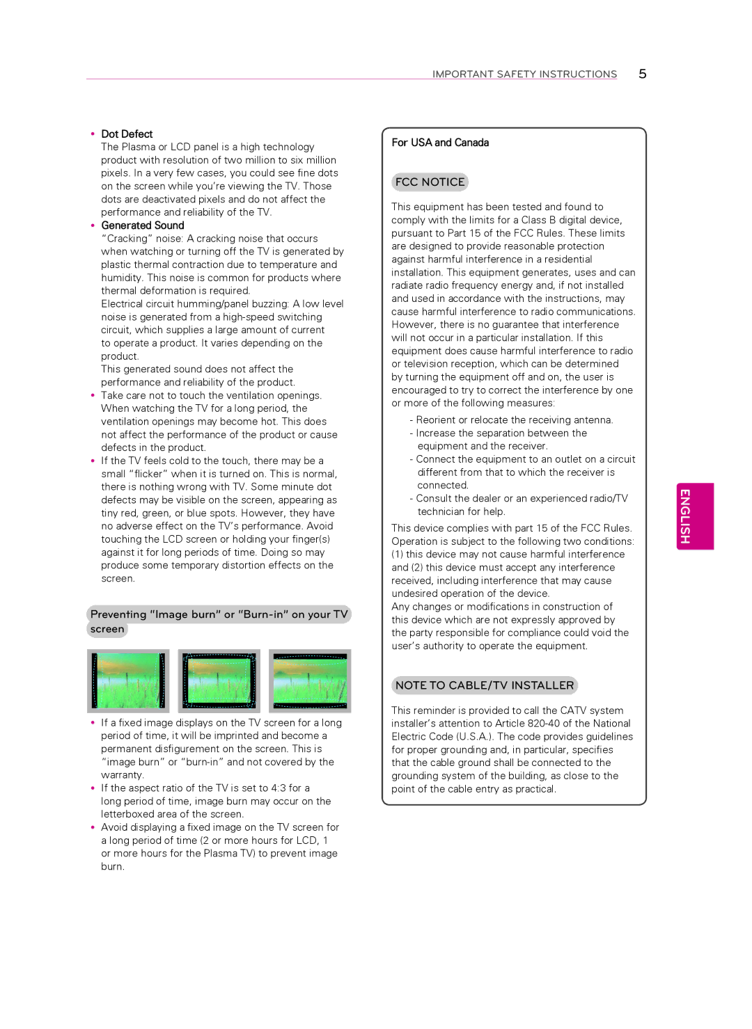 LG Electronics 60LN5400 owner manual Preventing Image burn or Burn-in on your TV, Screen 