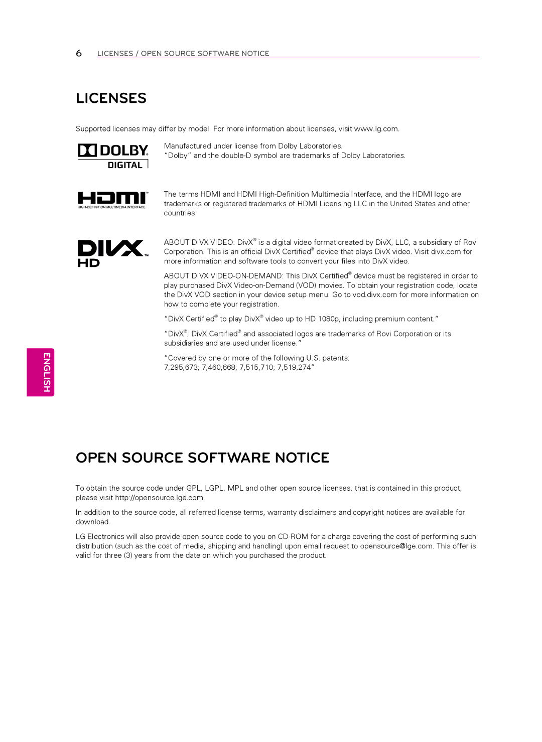 LG Electronics 60LN5400 owner manual Licenses, Open Source Software Notice 