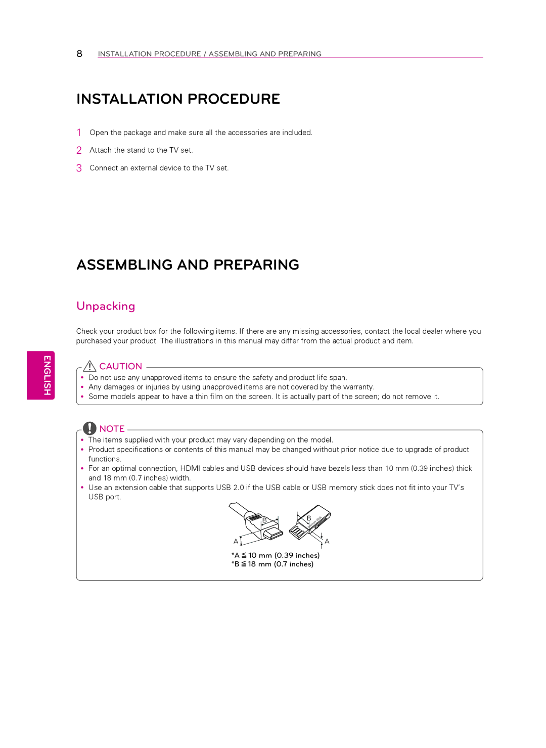 LG Electronics 60LN5400 owner manual Assembling and Preparing, Unpacking 