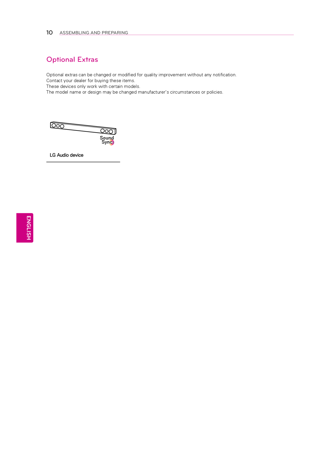 LG Electronics 60LN5400 owner manual Optional Extras, English, Assembling And Preparing, LG Audio device 