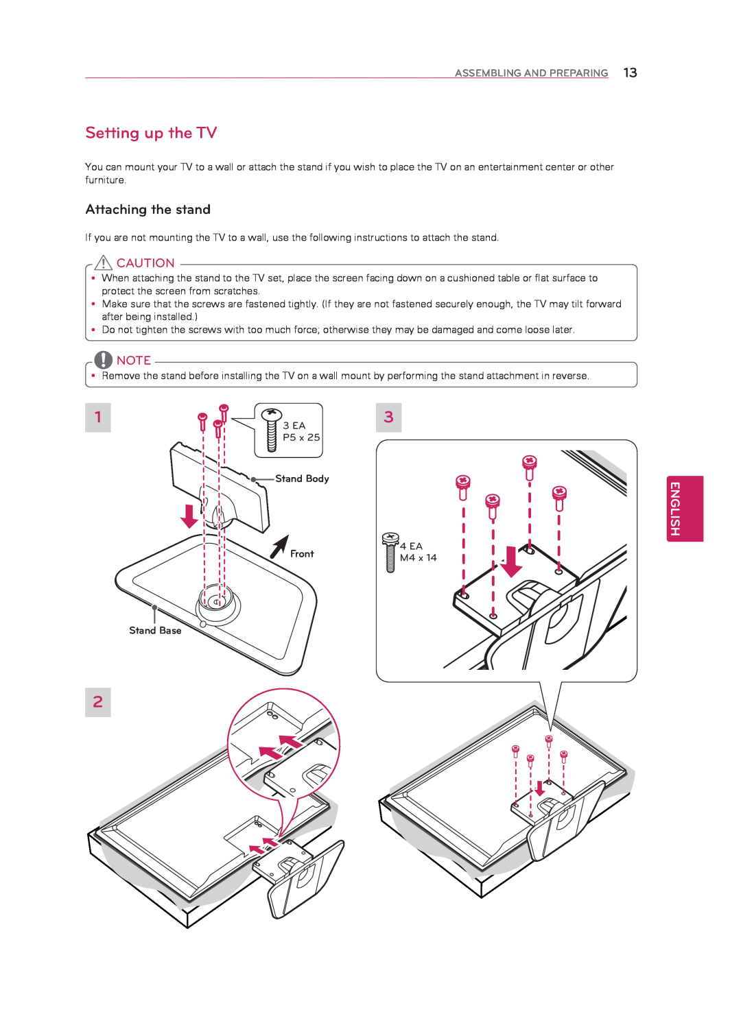 LG Electronics 60LN5400 owner manual Setting up the TV, Attaching the stand, English, Assembling And Preparing 