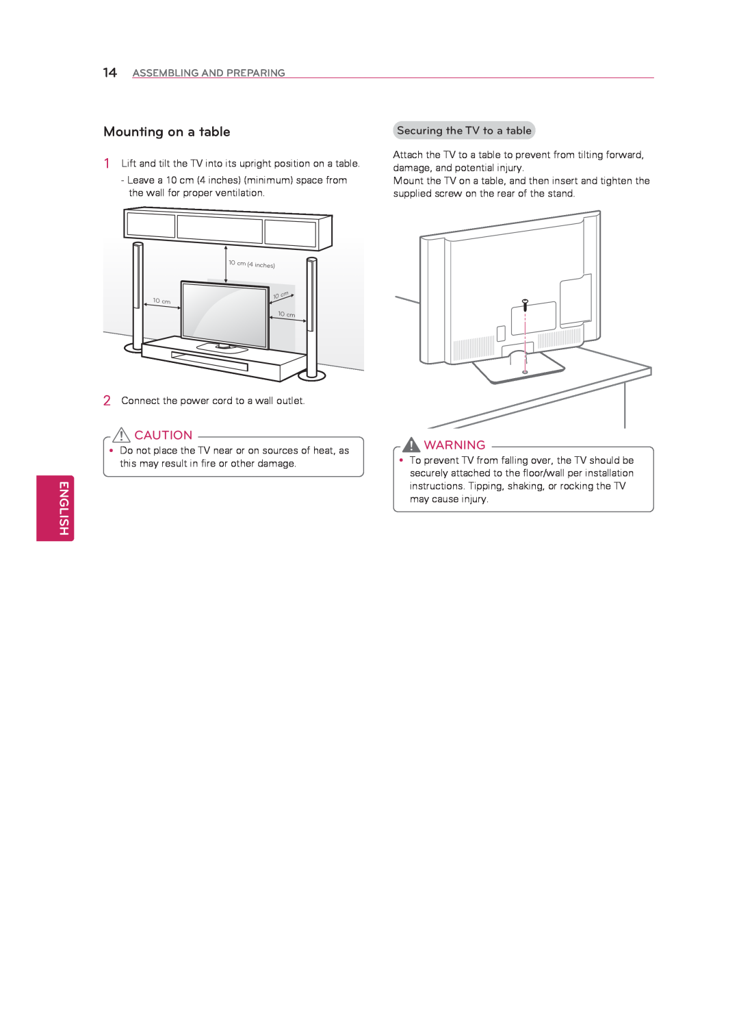 LG Electronics 60LN5400 owner manual Mounting on a table, English, Securing the TV to a table, Assembling And Preparing 