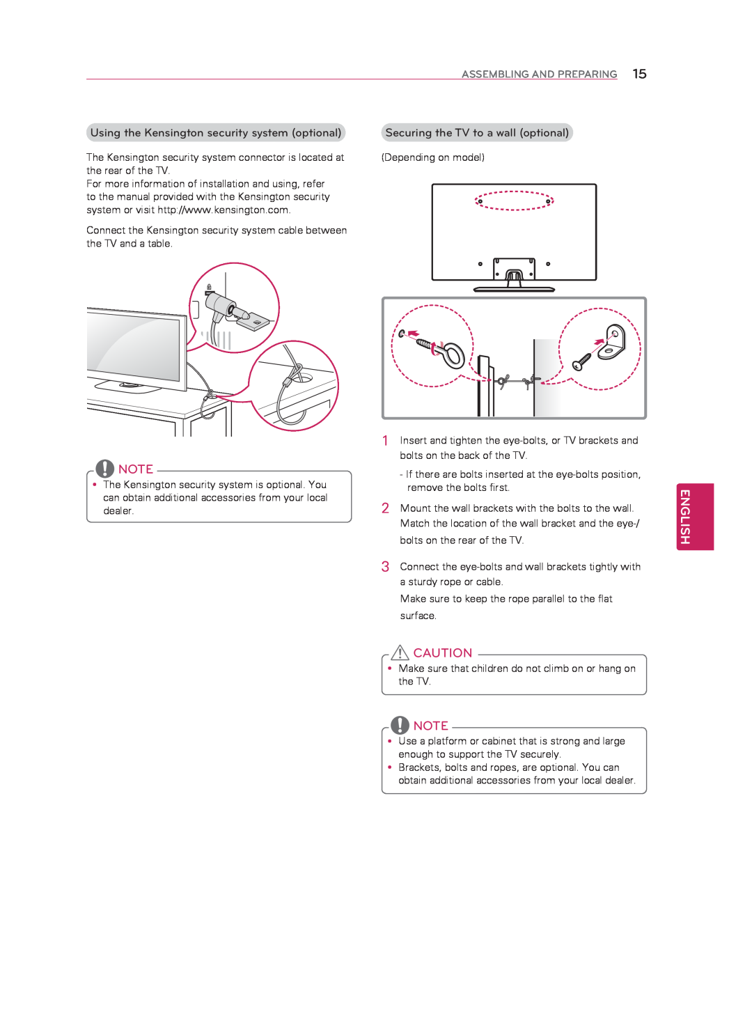 LG Electronics 60LN5400 owner manual English, Assembling And Preparing, Using the Kensington security system optional 