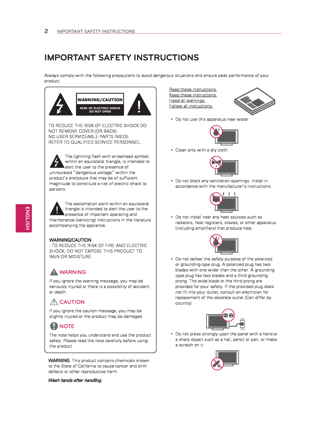 LG Electronics 60LN5400 owner manual Important Safety Instructions, English, Heed all warnings, Follow all instructions 