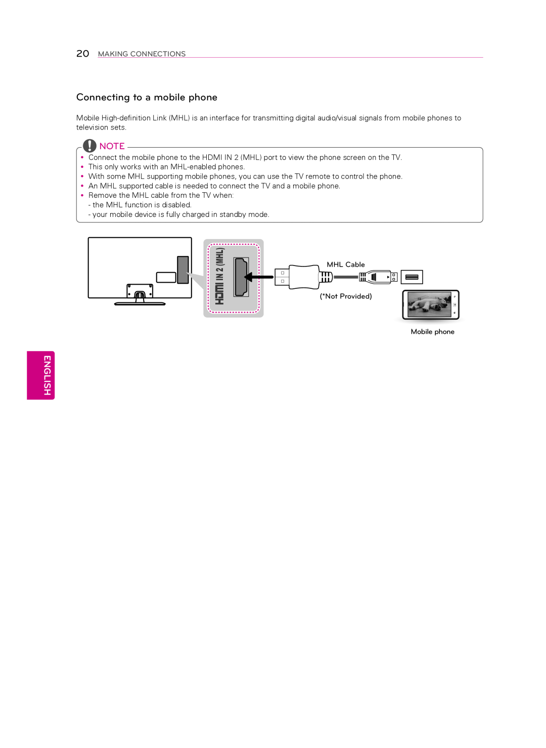 LG Electronics 60LN5400 owner manual Connecting to a mobile phone, English, Making Connections 