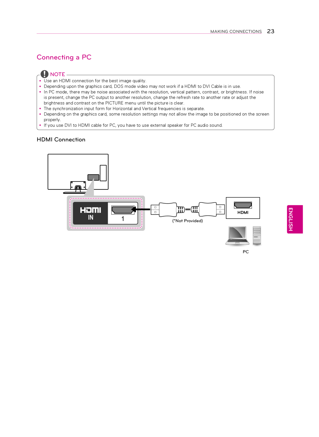 LG Electronics 60LN5400 owner manual Connecting a PC, HDMI Connection, English, Making Connections, Hdmi, Not Provided 