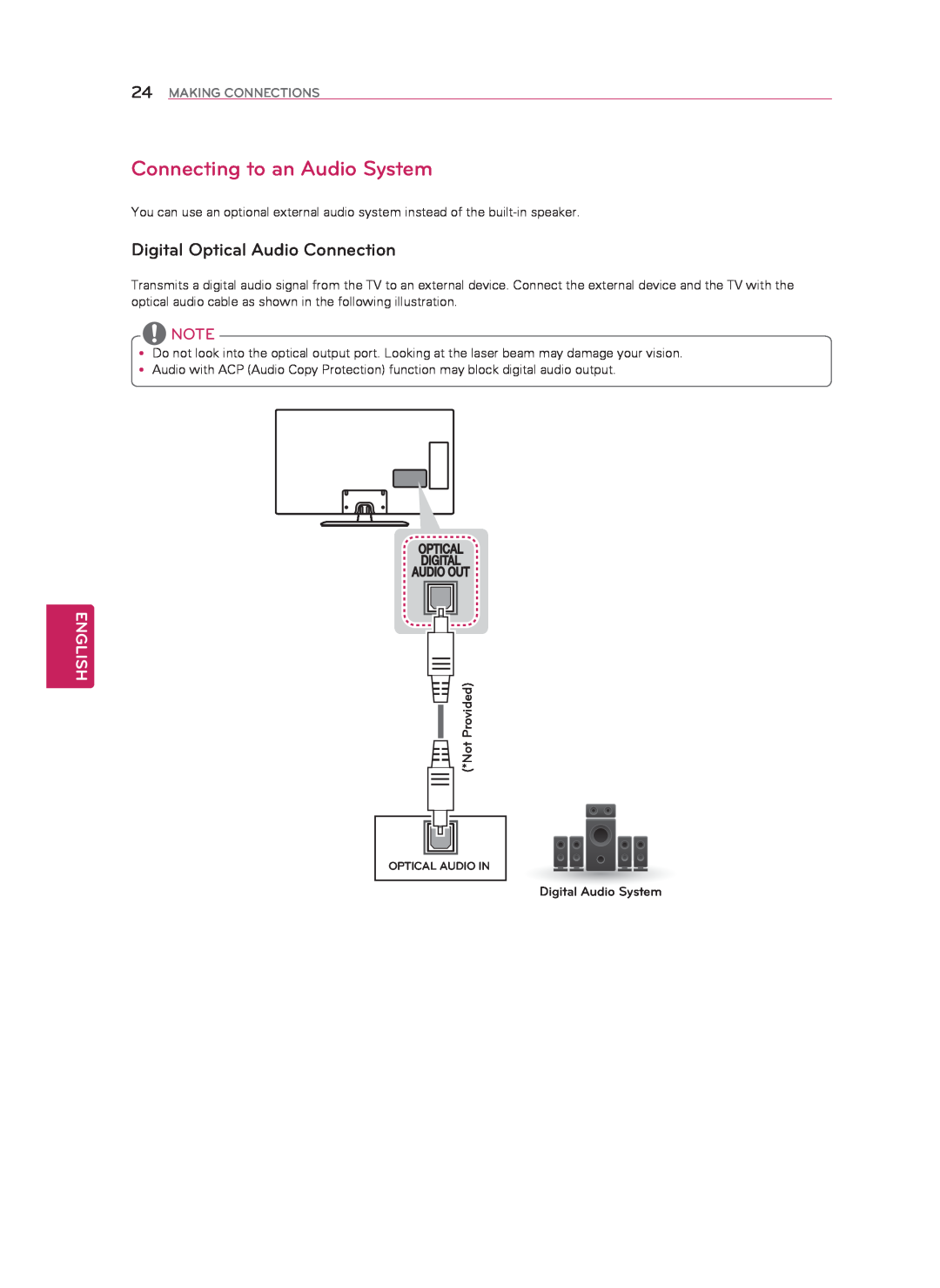 LG Electronics 60LN5400 Connecting to an Audio System, Digital Optical Audio Connection, English, Making Connections 