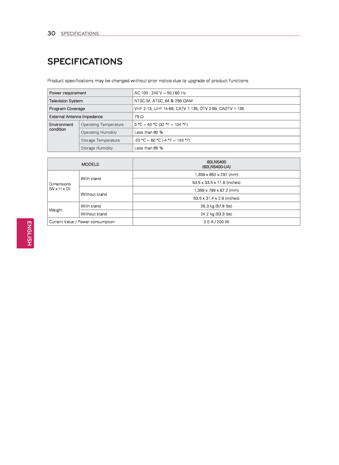 LG Electronics 60LN5400 owner manual Specifications, English 