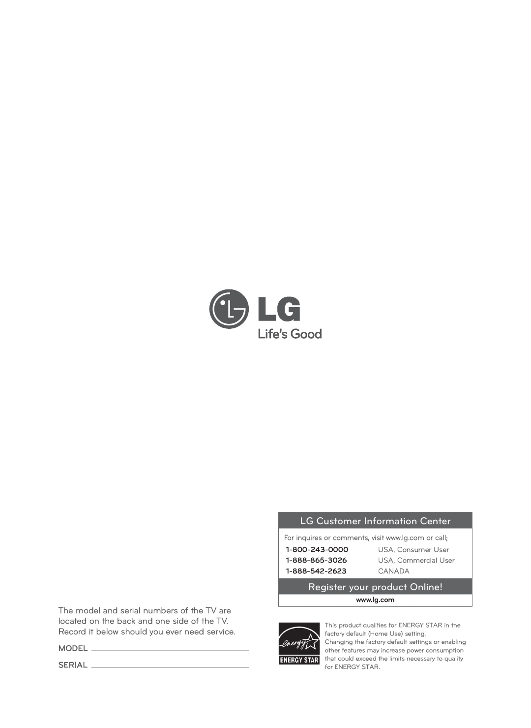 LG Electronics 60LN5400 LG Customer Information Center, Register your product Online, Model Serial, USA, Consumer User 