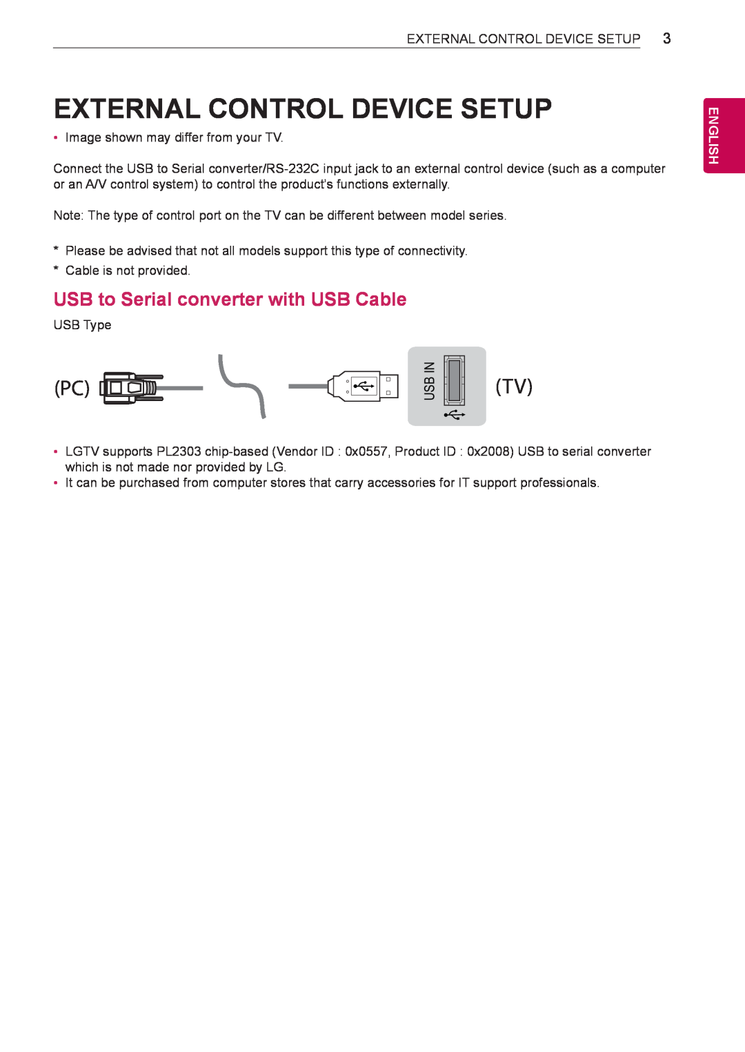 LG Electronics 60LN5400 owner manual External Control Device Setup, USB to Serial converter with USB Cable, English 