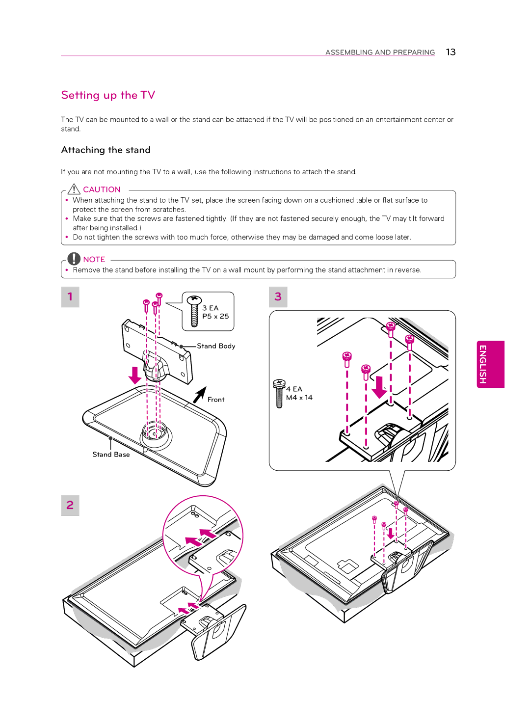 LG Electronics 32LN5750, 60LN5750, 60LN5700, 55LN5700, 55LN5790, 50LN5750, 50LN5700 Setting up the TV, Attaching the stand 