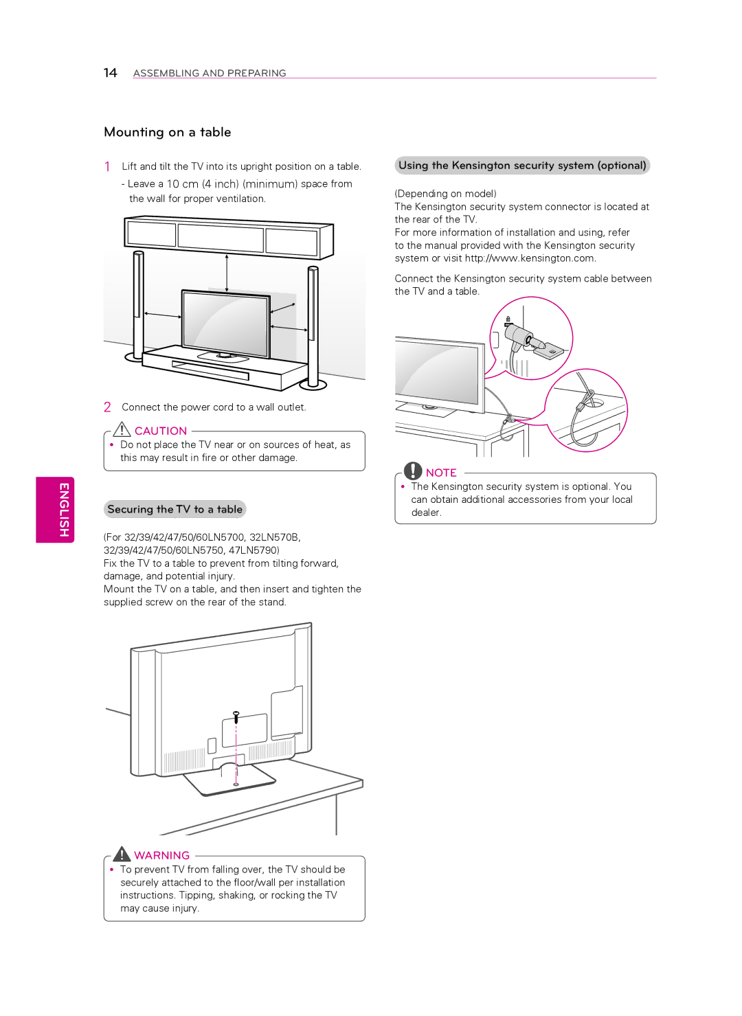 LG Electronics 42LN5700, 60LN5750, 60LN5700, 55LN5700 Mounting on a table, Using the Kensington security system optional 