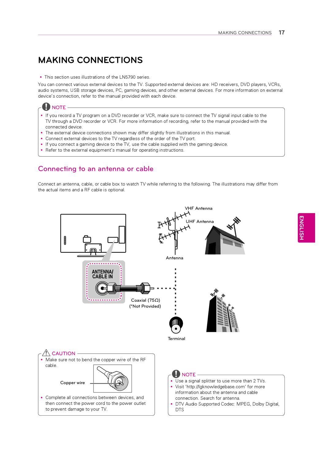 LG Electronics 60LN5700, 60LN5750, 55LN5700, 55LN5790, 50LN5750 Making Connections, Connecting to an antenna or cable 