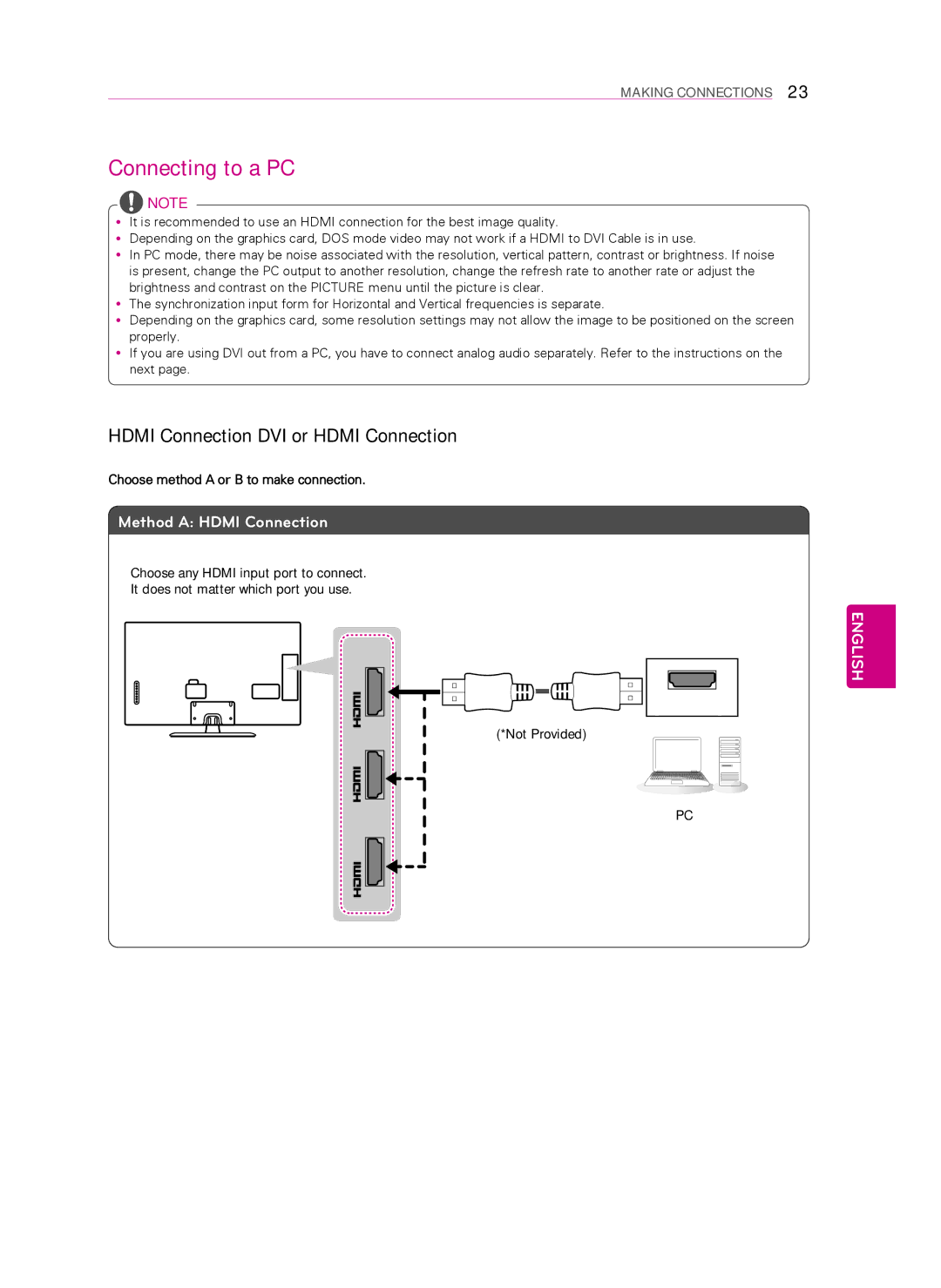 LG Electronics 47LN5790, 60LN5750, 60LN5700, 55LN5700, 55LN5790 Connecting to a PC, Hdmi Connection DVI or Hdmi Connection 