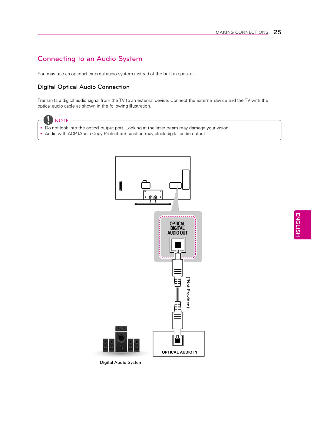 LG Electronics 39LN5700, 60LN5750, 60LN5700, 55LN5700 Connecting to an Audio System, Digital Optical Audio Connection 