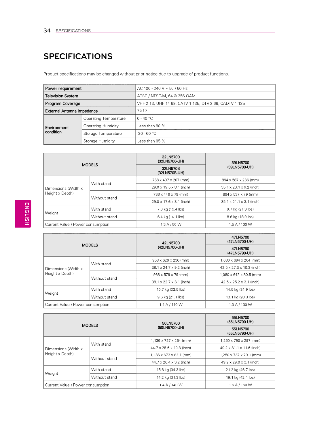 LG Electronics 55LN5700, 60LN5750, 60LN5700, 55LN5790, 50LN5750, 50LN5700, 47LN5750, 47LN5790 Specifications, Television System 