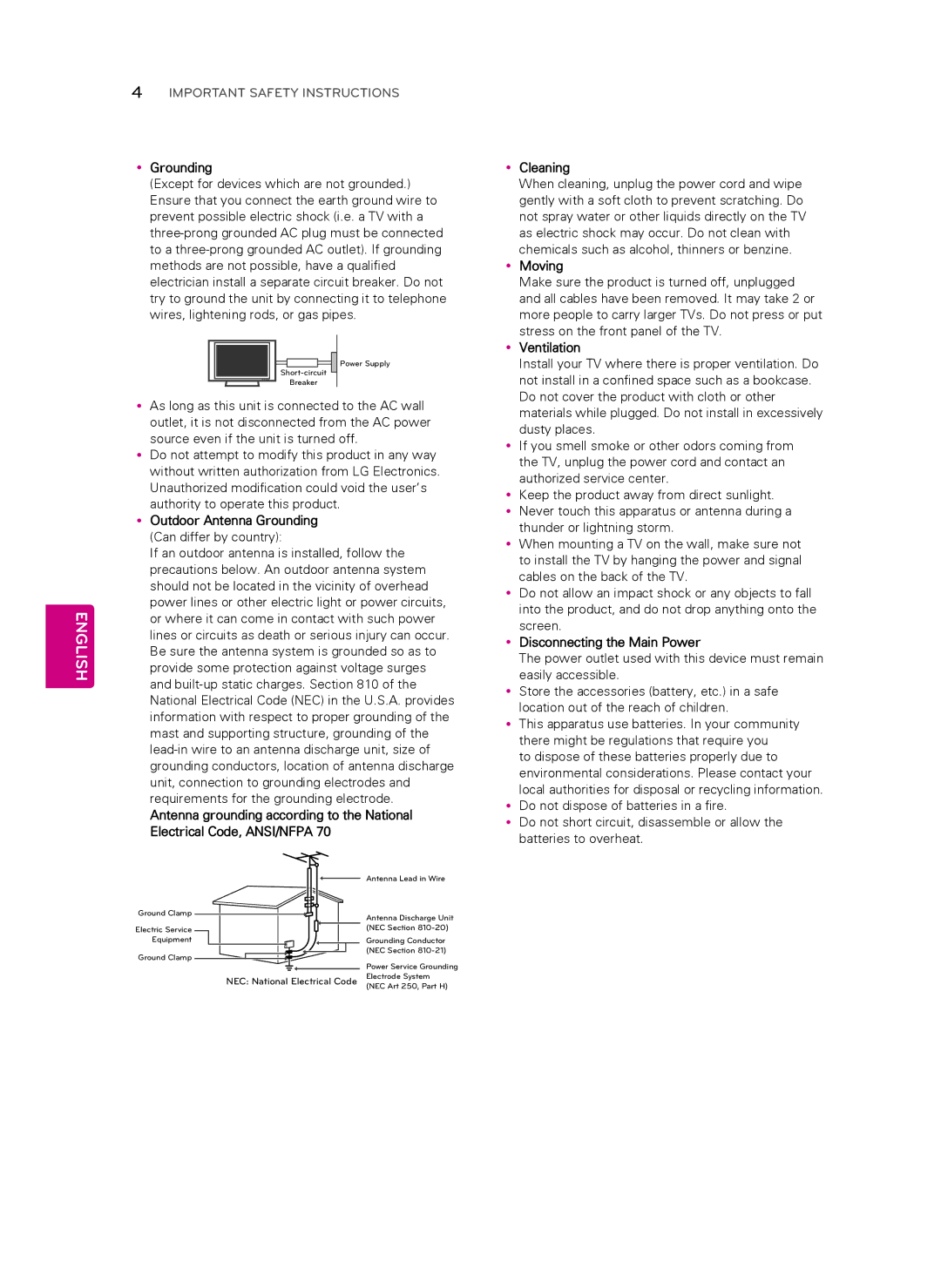 LG Electronics 50LN5750, 60LN5750, 60LN5700, 55LN5700 YyGrounding, YyMoving, YyVentilation, YyDisconnecting the Main Power 