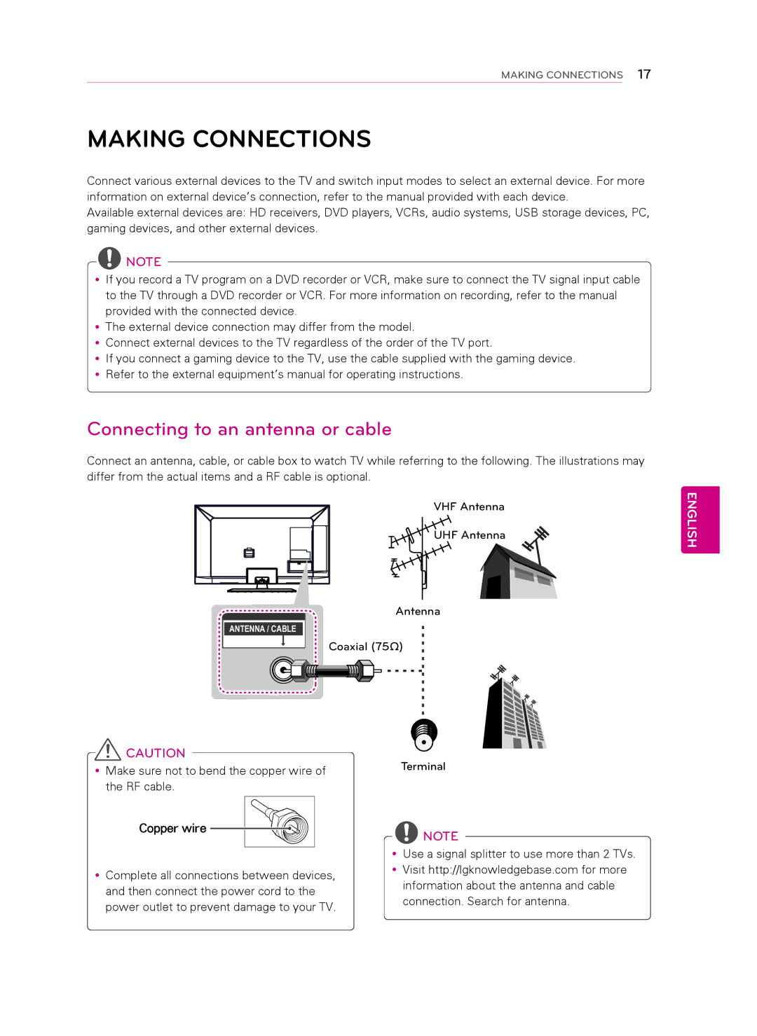 LG Electronics 47LS579C, 60LS579C, 55LS579C owner manual Making Connections, Connecting to an antenna or cable, Copper wire 