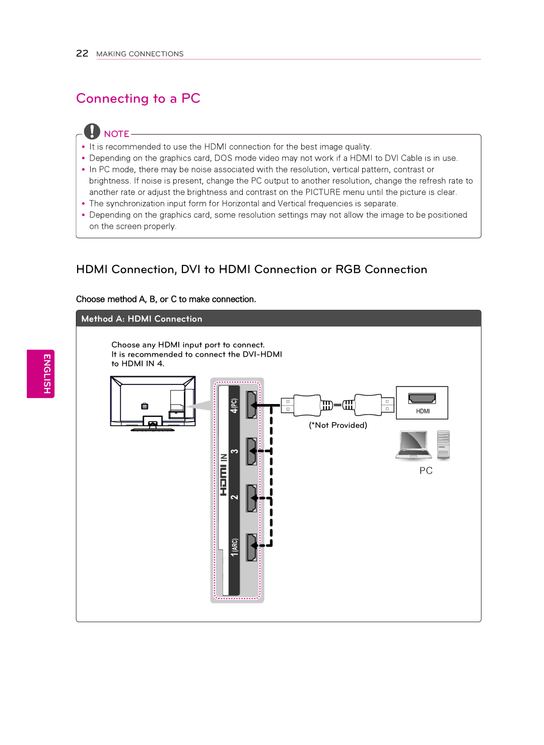 LG Electronics 55LS579C, 60LS579C, 47LS579C Connecting to a PC, Hdmi Connection, DVI to Hdmi Connection or RGB Connection 