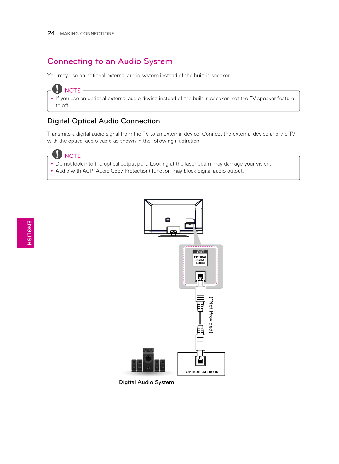 LG Electronics 60LS579C, 55LS579C, 47LS579C owner manual Connecting to an Audio System, Digital Optical Audio Connection 