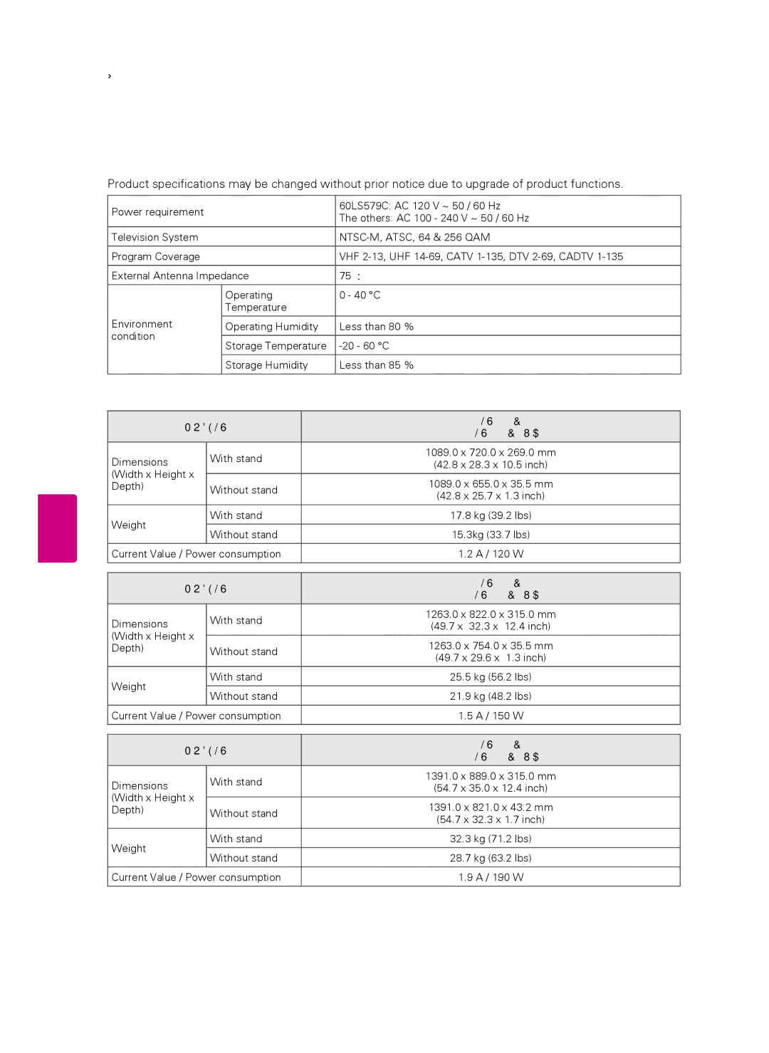 LG Electronics 60LS579C, 55LS579C, 47LS579C owner manual Specifications, Models 