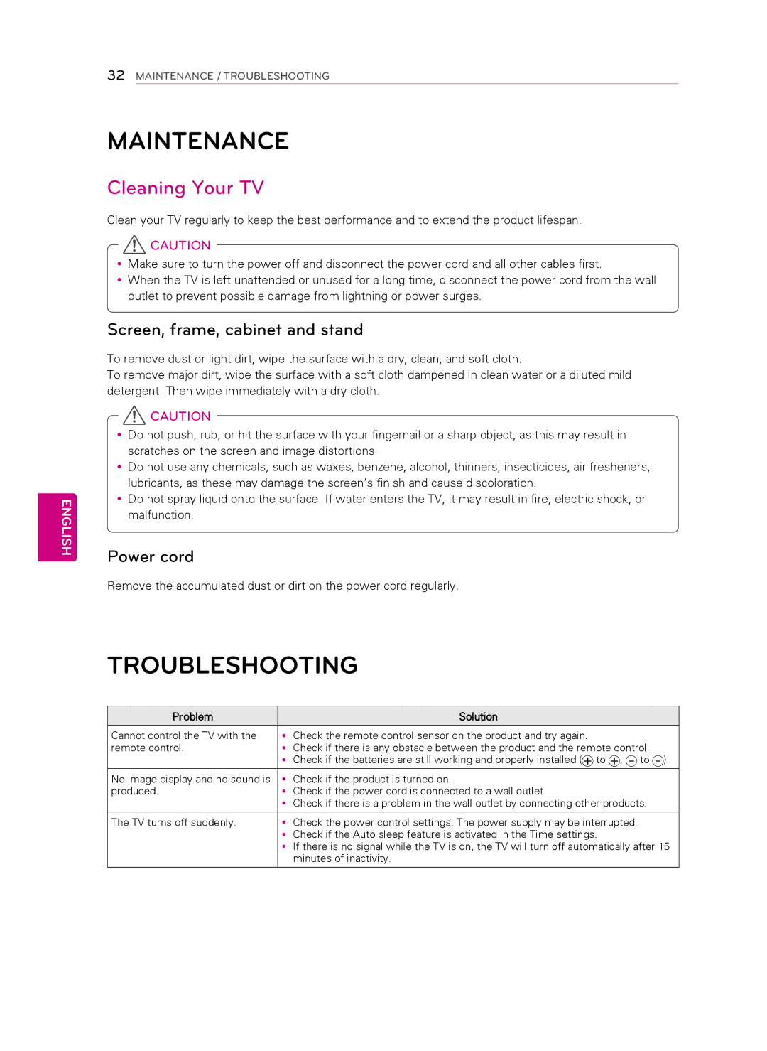 LG Electronics 47LS579C Maintenance, Troubleshooting, Cleaning Your TV, Screen, frame, cabinet and stand, Power cord 