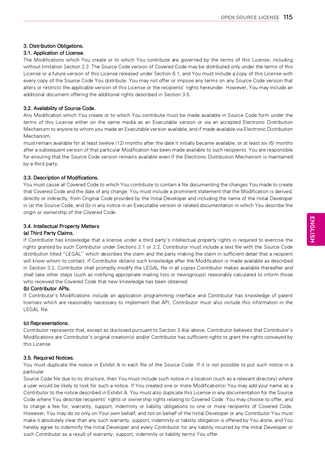 LG Electronics 50PA550C Distribution Obligations Application of License, Availability of Source Code, Contributor APIs 