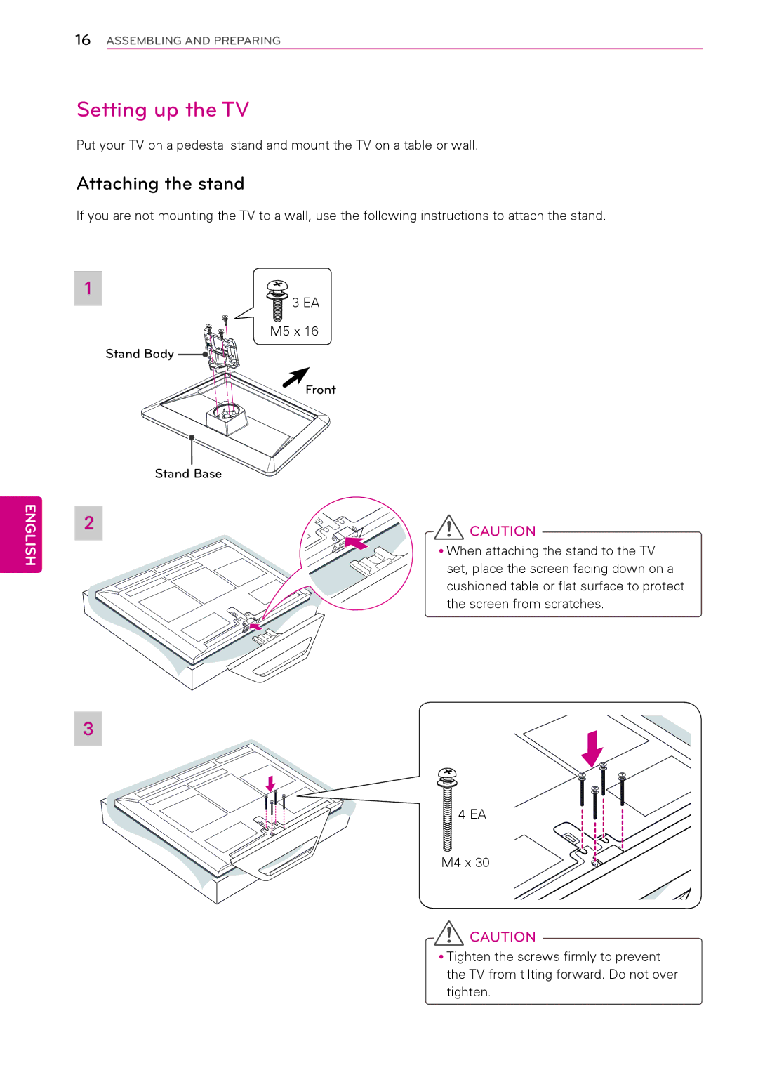 LG Electronics 50PA4900, 60PA550C, 60PA6550, 50PA4500, 42PA450C, 42PA4500, 50PA550C Setting up the TV, Attaching the stand 