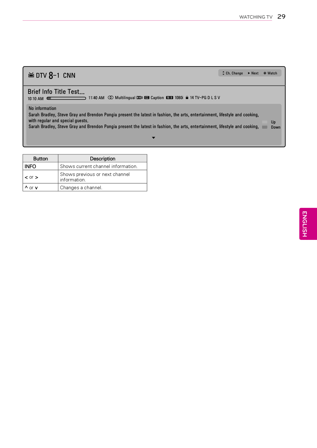 LG Electronics 60PA5500 60PA6500 50PA450C Info, Shows current channel information, Shows previous or next channel 