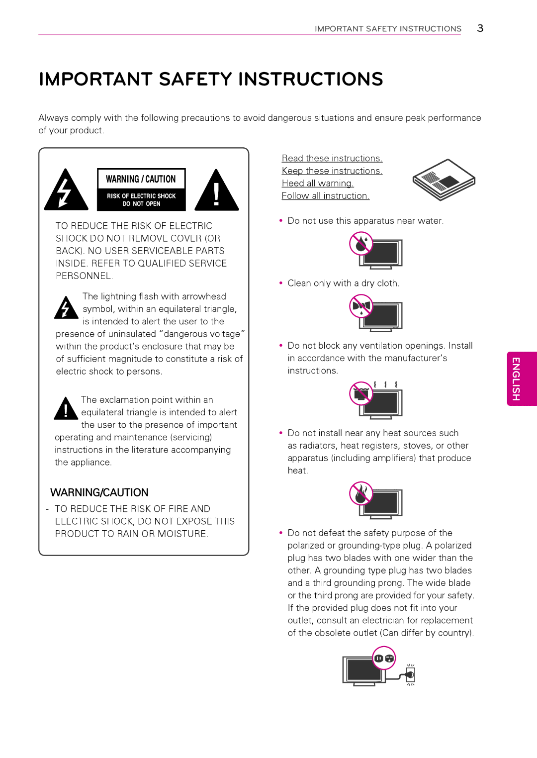 LG Electronics 42PA450C, 60PA550C, 60PA6550, 50PA4500, 42PA4500, 50PA550C, 50PA4900, 50PA6500 Important Safety Instructions 