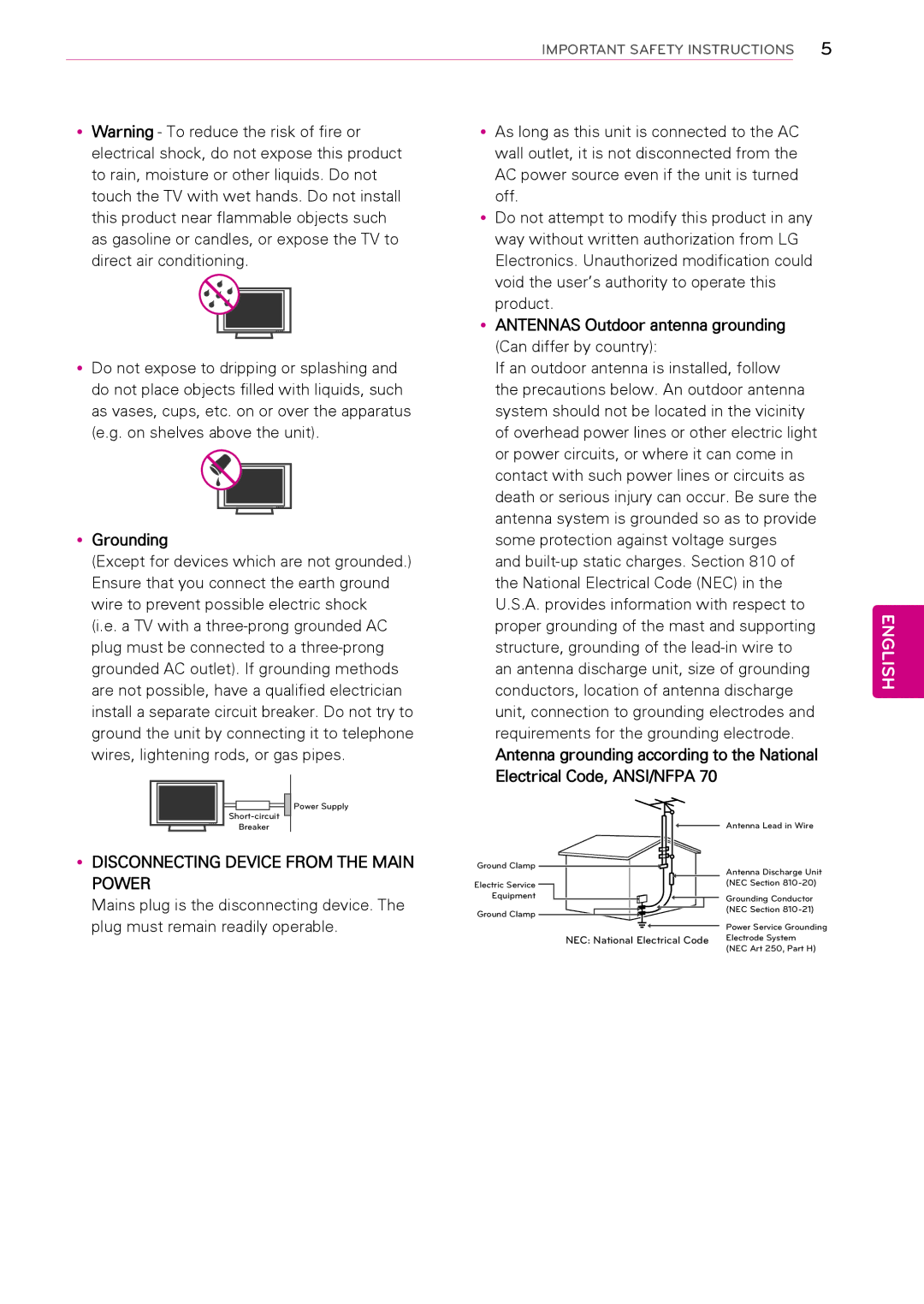 LG Electronics 50PA550C YyANTENNAS Outdoor antenna grounding, YyGrounding, Antenna grounding according to the National 